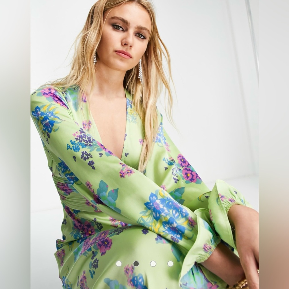 ASOS Satin Green Floral Long Sleeve Dress